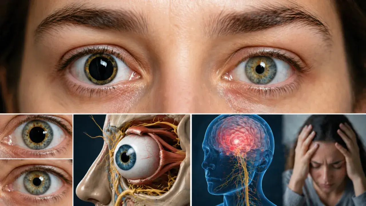Occhi con pupille isocoriche, anatomia oculare, cervello e persona con mal di testa.
