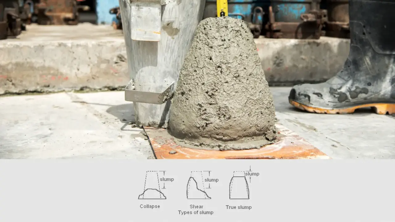Concrete slump test with a cone mold, measuring tape, and diagrams of slump types.