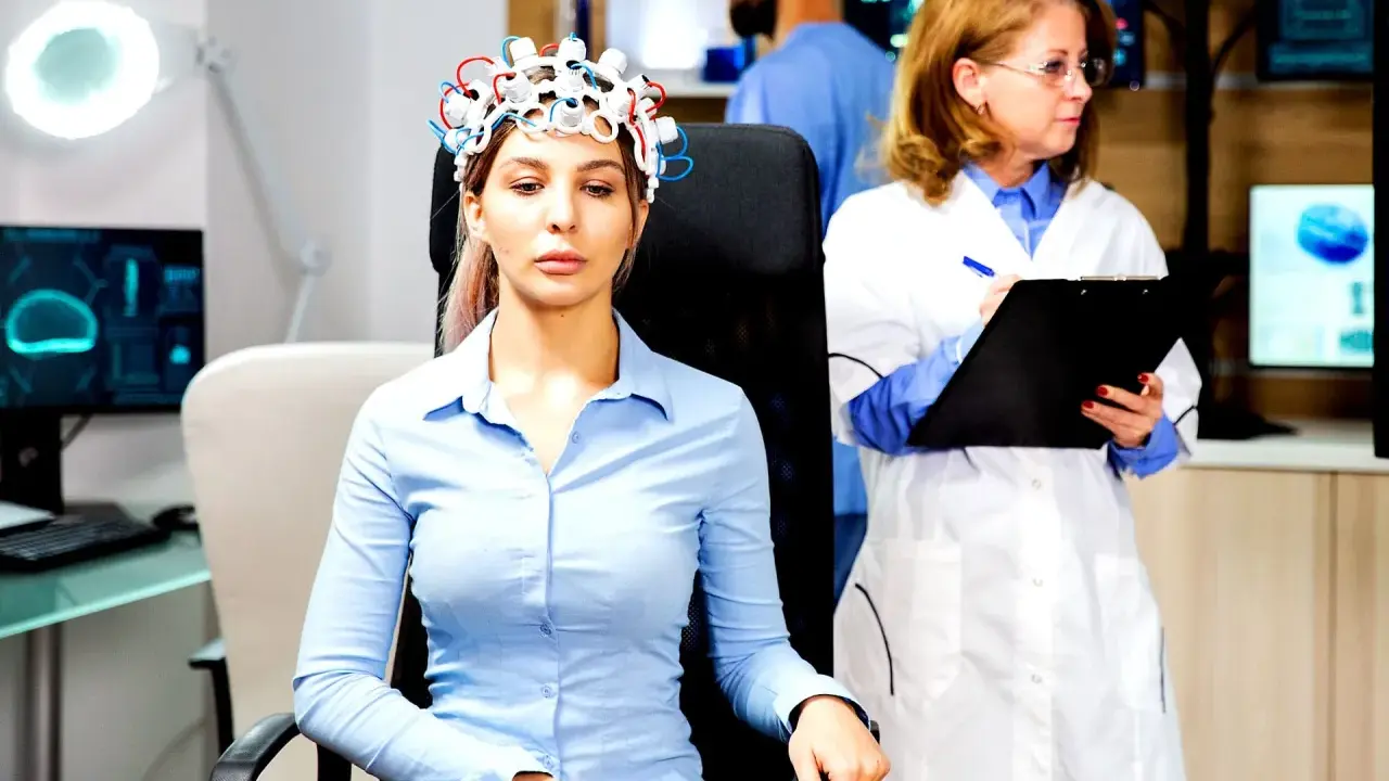 Donna con casco per esame neurologico, mentre un medico prende appunti.