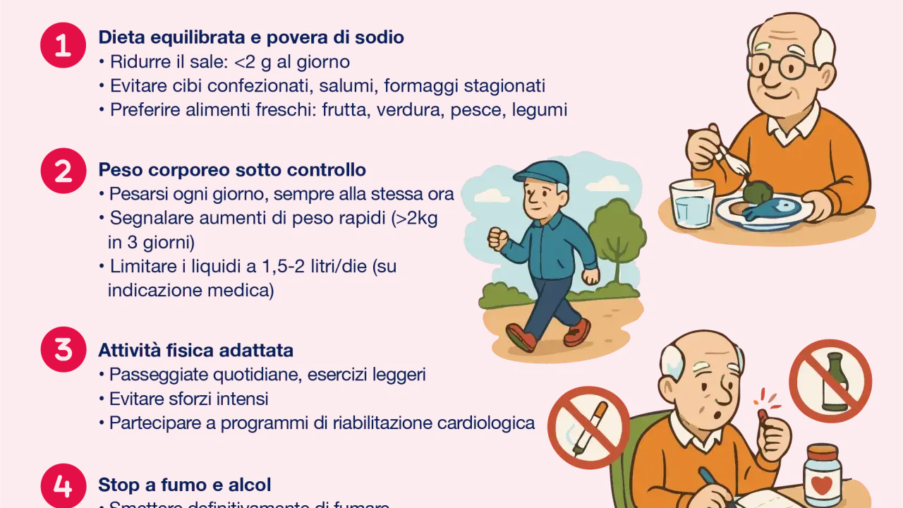 Anziani con cuore stanco seguono consigli per uno stile di vita sano: dieta, peso, attività fisica e stop a fumo/alcol.