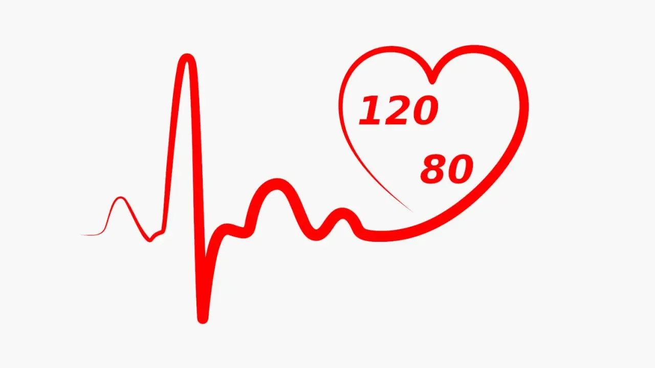 Grafico di un elettrocardiogramma con un cuore rosso che indica 120/80: pressione 100 60 va bene.
