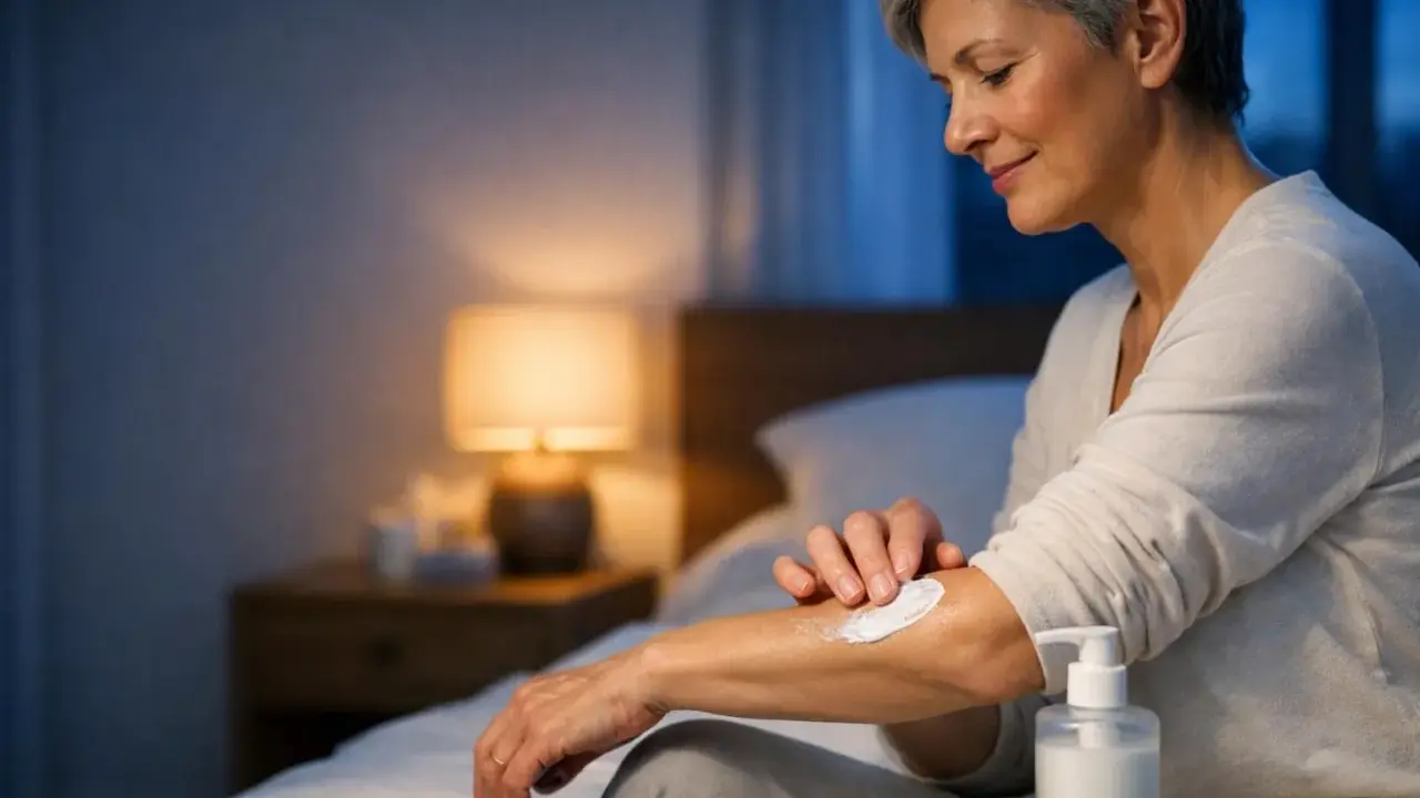 Donna anziana applica crema sul braccio per alleviare il prurito notturno nel letto. Luce soffusa da una lampada da comodino.