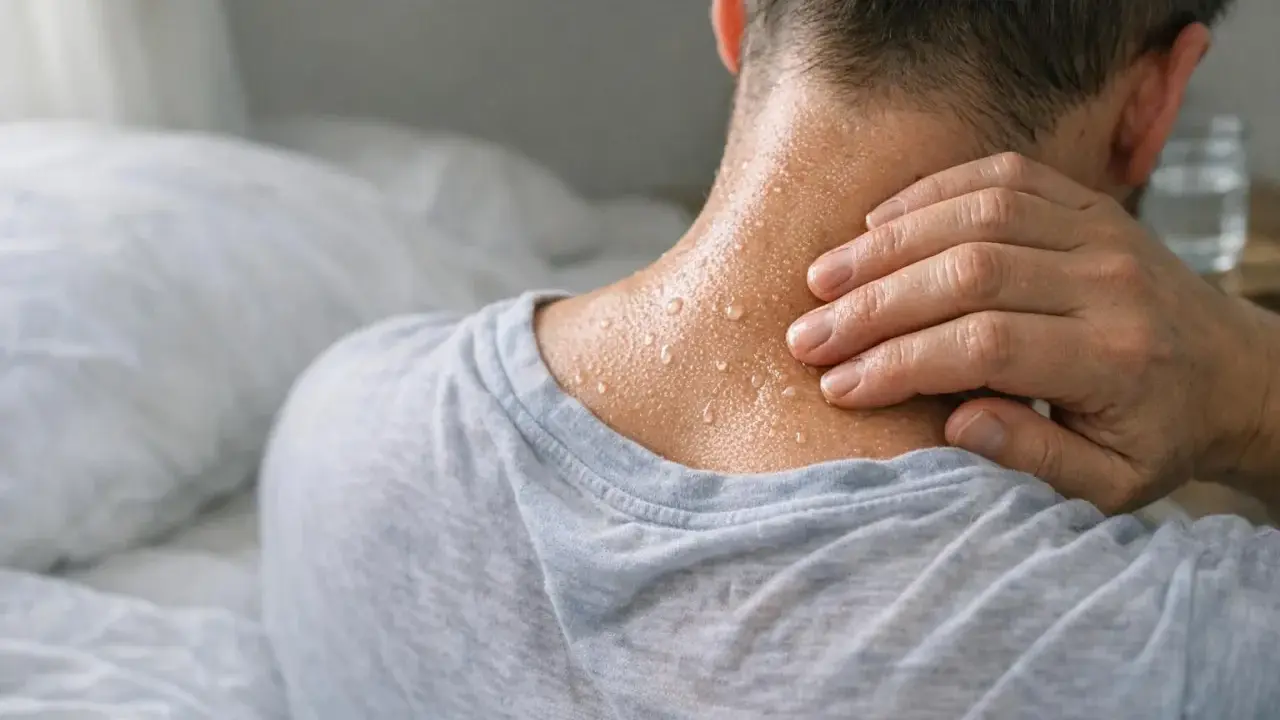 Uomo con sudorazione notturna visibile sul collo, mentre si tocca la nuca.