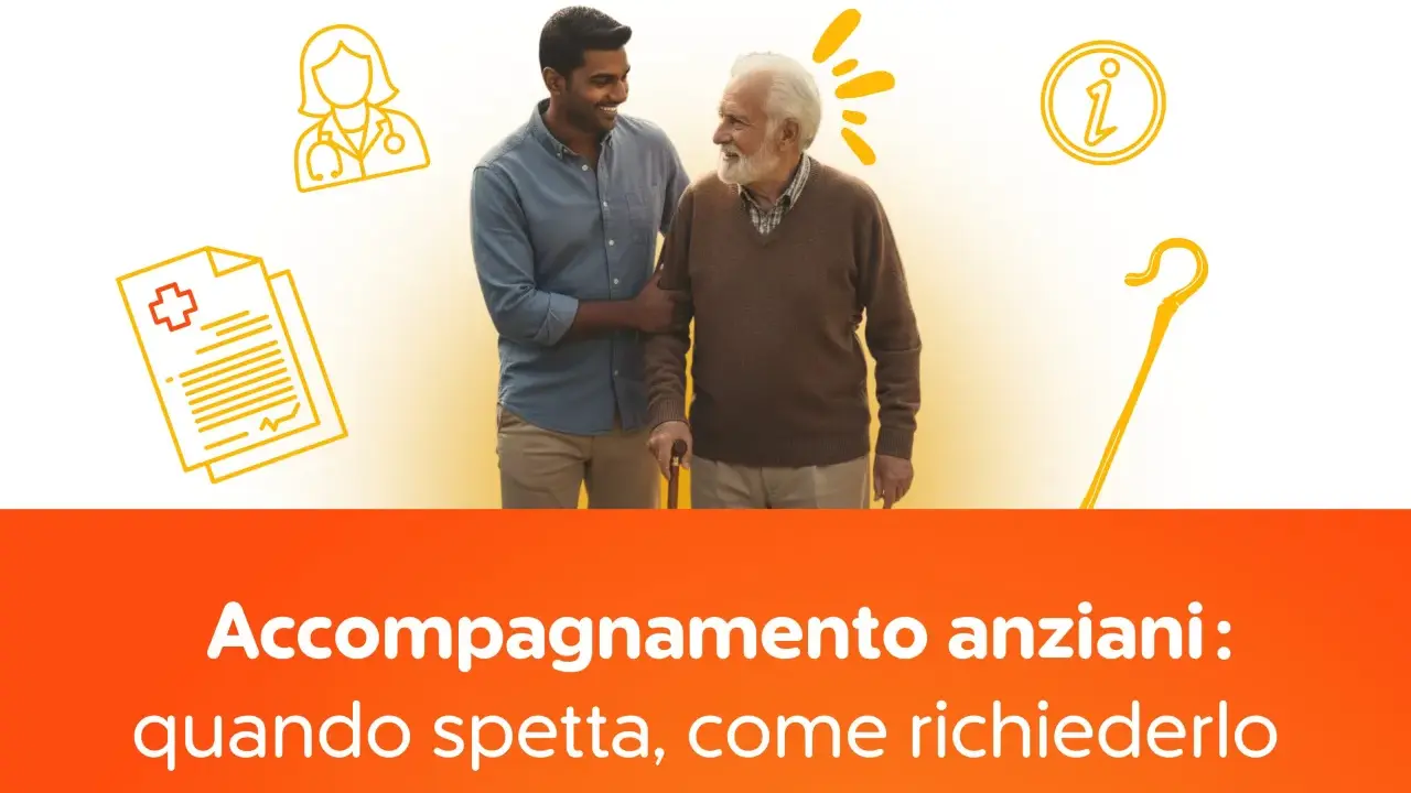 Giovane assiste anziano con bastone. Icone mediche e informative suggeriscono la **domanda invalidità anziani**.