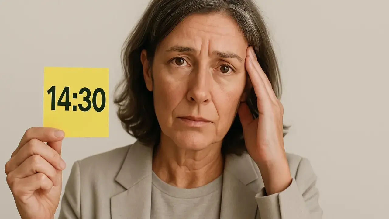 Donna con espressione preoccupata tiene un foglietto con scritto "14:30", forse un promemoria per la perdita di memoria a 50 anni.