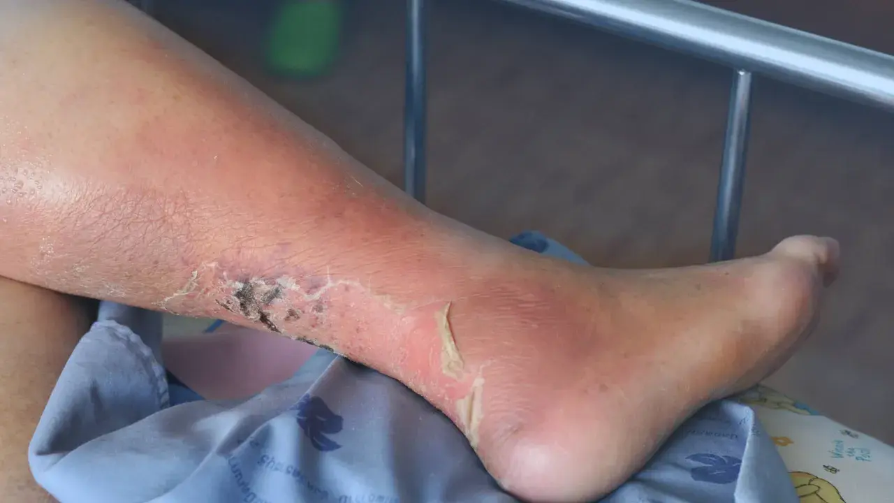 Gamba con edema e ulcere alle caviglie, la pelle è arrossata e screpolata, con aree di necrosi.