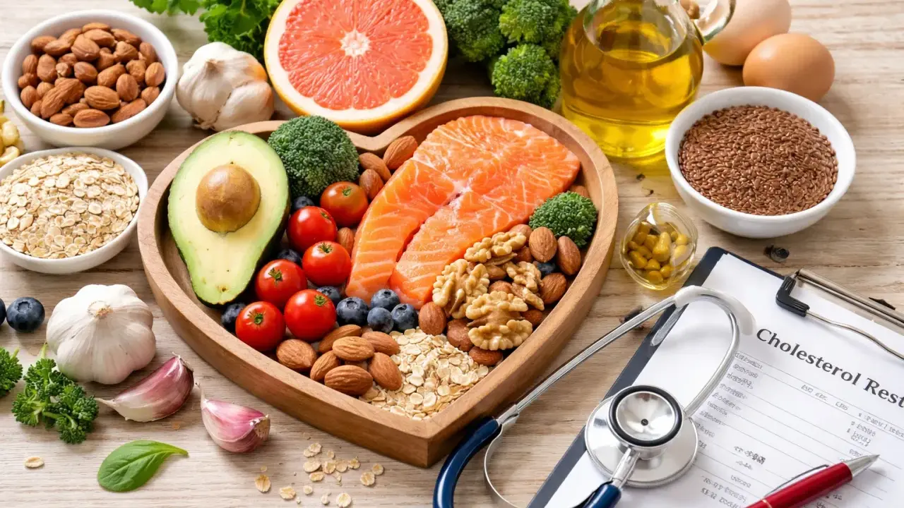 Salmone, avocado, noci e altri cibi sani per combattere il colesterolo 260 dopo 50 anni. Stetoscopio e ricetta medica in primo piano.