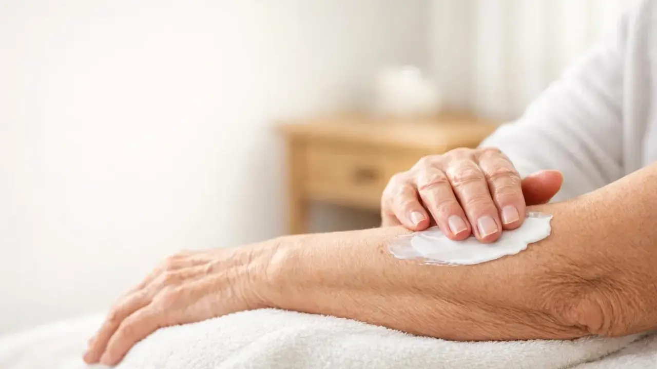Mano anziana applica crema idratante su un braccio per alleviare i pruriti sul corpo.