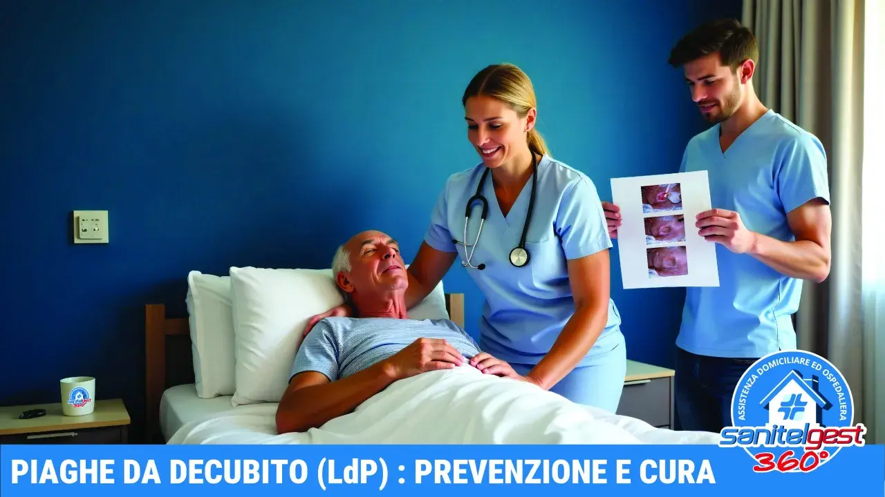 Infermieri mostrano immagini di piaghe da decubito a un paziente anziano, indicando chi cura le piaghe da decubito con competenza e attenzione.