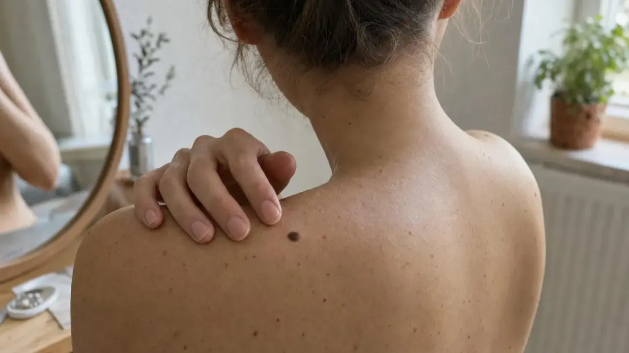 Spalla di donna con nei, uno più scuro attira l'attenzione, suggerendo un possibile dolore alla pelle.