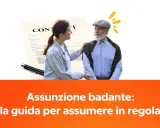 Giovane donna e anziano uomo davanti a un contratto. Scopri come trovare una badante senza agenzia e assumere in regola.