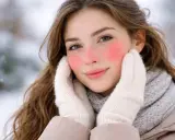 Ragazza con guance rosse per il freddo, mani coperte da guanti bianchi, sciarpa grigia e giacca beige. L'arrossamento della pelle è evidente.