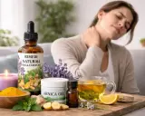 Donna con dolore al collo, circondata da rimedi naturali per il prurito al collo e rossore, tra cui arnica, zenzero e tisana.