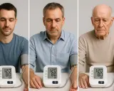 Tre uomini di età diverse misurano la pressione: 120/80, 120/89, 120/89.