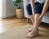 Donna seduta sul divano, si tiene le gambe, avvertendo un senso di sbandamento e debolezza alle gambe.