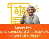 Anziana sorridente con pollice in su, accanto a un'icona di bilancia e documento. Guida su come richiedere 104 per un familiare anziano.