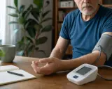 Uomo anziano controlla la sua pressione, registrando un valore di pressione 142 80. Sul tavolo, una tazza e un quaderno.