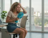 Donna con capelli ricci, in ufficio, soffre il caldo con un ventilatore portatile. La sua fronte è imperlata di sudorazione improvvisa.