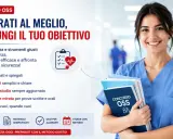 Donna sorridente in camice blu, futura assistente socio sanitario, con libri per il concorso OSS.
