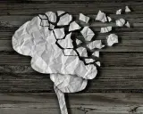 Cervello di carta sgretolato, simbolo dei vuoti di memoria negli anziani. Frammenti che si staccano, come ricordi perduti.