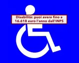 Simbolo disabilità su sfondo blu. Testo: "Disabilità: puoi avere fino a 16.618 euro l'anno dall'INPS". Informazioni sulla domanda di invalidità e accompagnamento.
