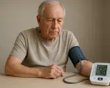 Anziano preoccupato controlla la pressione: 140/90. La pressione massima a 70 è un obiettivo, ma oggi è più alta.