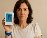 Donna preoccupata mostra un misuratore di pressione con valori bassi, 88/58. Potrebbe essere un segnale di pressione bassa anziani 80 anni.