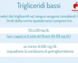 Valori normali dei trigliceridi nel sangue: 150-199 mg/dL (90-129 mg/dL per ragazzi <18 anni). Sotto 150 mg/dL si parla di ipotrigliceridemia.
