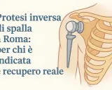 Illustrazione di una protesi inversa spalla, con testo che ne spiega indicazioni e recupero.