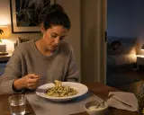 Donna mangia pasta con verdure, un modo gustoso per condire la pasta per chi soffre di reflusso.