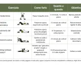 Tabella con esercizi schiena: camminata, respirazione diaframmatica, basculamento bacino, posizione scarico, stretching lombare.