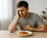 Uomo con mal di testa e dolore al petto, forse per sudare dopo mangiato. Piatto di spaghetti sul tavolo.