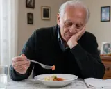 Anziano che non mangia quanto dura, con il cibo nel piatto e un bicchiere d'acqua.