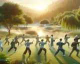 Gruppo di persone pratica Tai Chi in un paesaggio sereno. Sebbene il Tai Chi abbia pochi tai chi controindicazioni, è sempre bene consultare un medico.