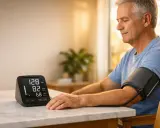 Uomo anziano misura la pressione, monitor mostra valori. Gestire l'ipertensione emotiva è importante per il benessere.