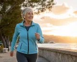 Donna sorridente corre al tramonto sul lungomare. A 70 anni meglio correre o camminare? Lei sceglie la corsa, godendosi la brezza marina.