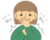 Persona con la mano sulla bocca, circondata da "Hic" che suggeriscono un singhiozzo persistente, quasi come un infarto.
