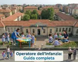 Un operatore generico di assistenza guida i bambini in attività creative e di lettura all'esterno di una scuola dell'infanzia a Milano.