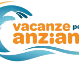 Onda blu e arancione con testo "vacanze per anziani". Ideale per chi cerca benessere e relax.