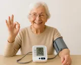 Donna anziana sorride, facendo OK con la mano, mentre controlla la pressione. Il misuratore indica 180/100.