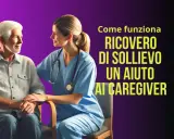 Un'infermiera sorride a un anziano, offrendo supporto. Il testo parla di ricovero di sollievo, un aiuto per chi assiste persone con demenza senile.