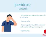 Uomo con sudorazione eccessiva, sintomi di iperidrosi: gocciolamento, macchie sui vestiti, capelli bagnati.
