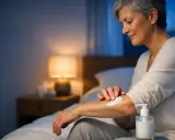 Donna anziana applica crema sul braccio per alleviare insonnia e prurito notturno.