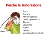 Uomo sudato con panno, preoccupato per la sudorazione improvvisa e debolezza, causate da stress, disturbi neurovegetativi, crisi ipoglicemiche, tiroide, leucemie, febbri, infarto, vasculopatia cerebrale.