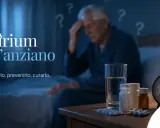 Un anziano confuso, con punti interrogativi sullo sfondo, affronta il delirio notturno. Sul comodino, farmaci e un bicchiere d'acqua.