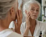 Donna anziana si tocca il viso, notando la pelle avvizzita a 65 anni. Riflessione nello specchio.