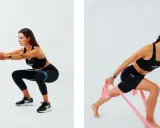 Donna esegue squat con elastico per rinforzare i muscoli delle gambe e affondi con elastico per un allenamento completo.