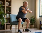 Uomo anziano fa squat su sedia, allenandosi per evitare perdere massa muscolare cause.