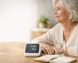 Donna anziana controlla la pressione: 138/84, con un valore di 80 battiti al minuto.