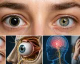 Occhi con pupille isocoriche, anatomia oculare, cervello e persona con mal di testa.